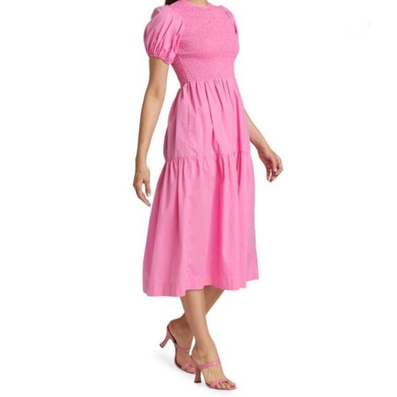 Tuckernuck SWF Puff Sleeve‎ Tiered Midi Dress Womens Small Pink Bubblegum Cotton - Picture 1 of 16